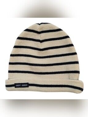 Saint James Kids Knit Wool Blend Beanie Hat, Off White & Black Stripe Excellent